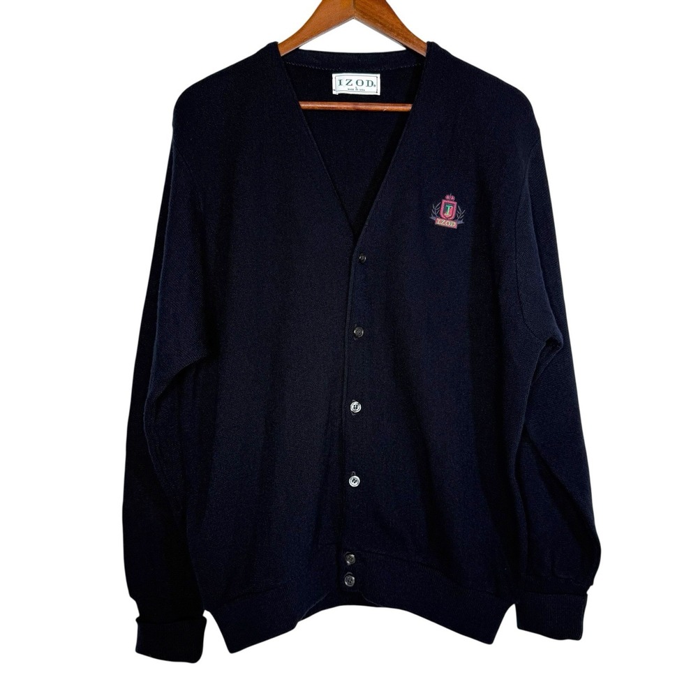 NWOT Vintage 80s Izod Orlon Acrylic Knit V-Neck Cardigan Sweater L Navy Made USA